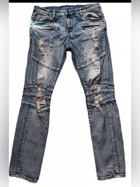 Crysp Denim Distressed Biker Jeans Paint Splatter Moto Zip Pocket Mens Tag Sz 34